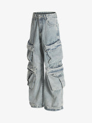Vintage Washed Ripped Multi-pocket Work Jeans
