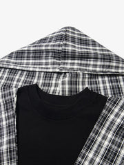 Detachable Badge Hooded Plaid Cape T-shirt