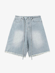 Distressed Rhinestone Denim Jorts - 2454