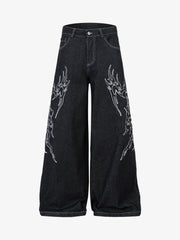 Embroidered Flame Baggy Jeans - 2456