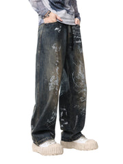 Print Hand-Painted Graffiti Drawstring Baggy Jeans