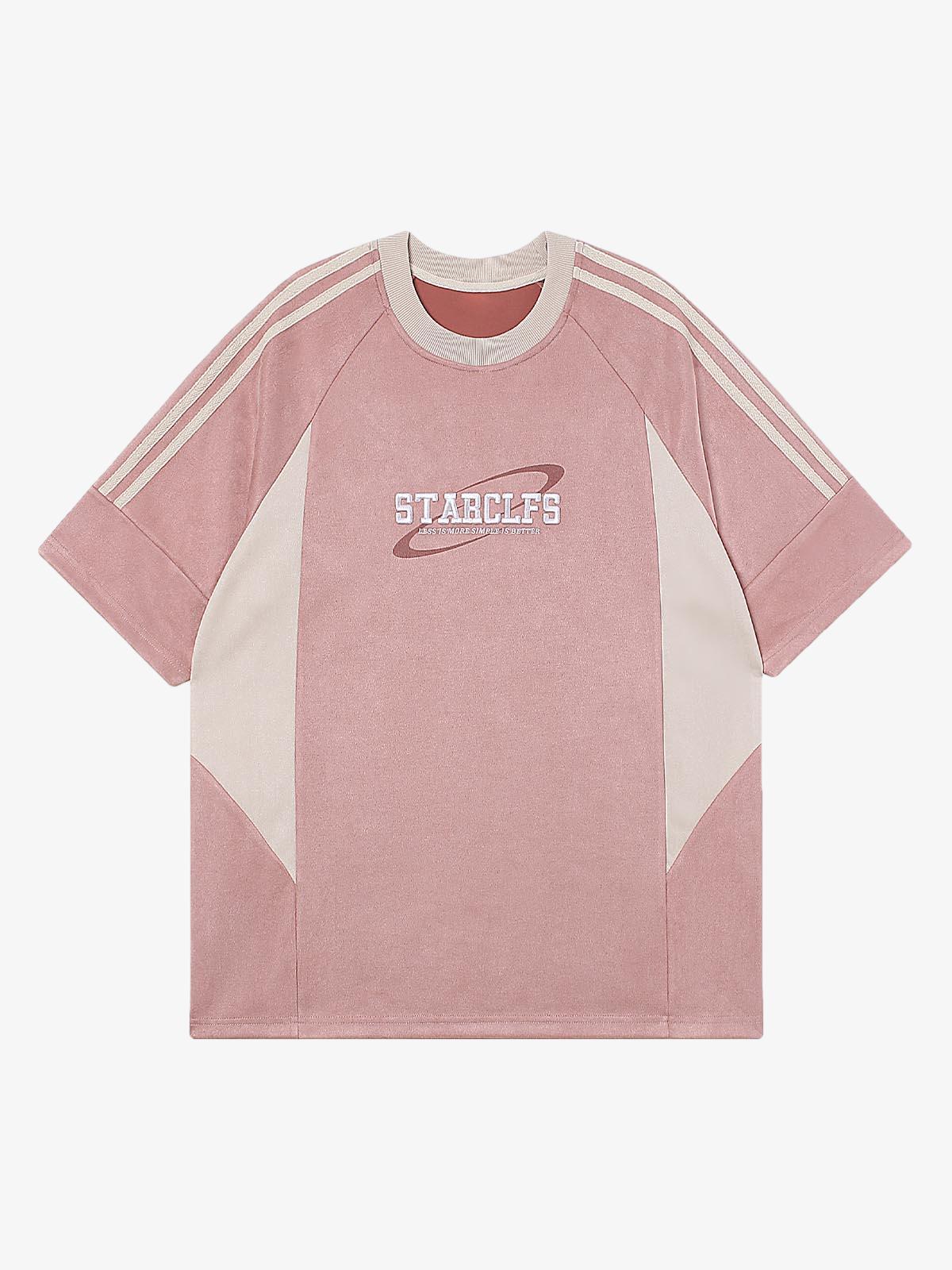 Suede Contrast Color Spliced Letter Embroidery Oversize T-shirt - 2462