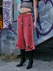 Distressed Ripped Red Culotte Jorts