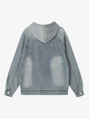 Embroidered Washed Distressed Denim Hoodie