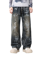 Print Hand-Painted Graffiti Drawstring Baggy Jeans