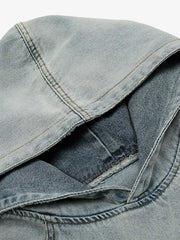 Embroidered Washed Distressed Denim Hoodie